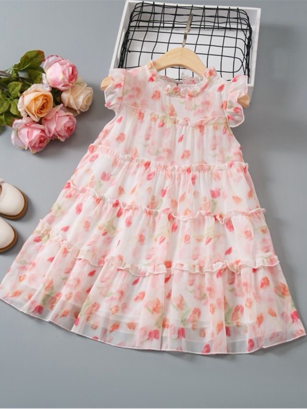 Girls' Floral Tiered Chiffon Dress - Pink 6-7